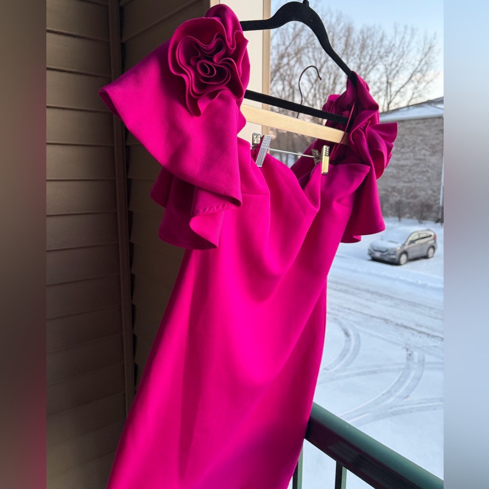 🆕 🌸 Jewel Badgley Mischka Magenta Rosette Mini Dress Size 10 Scuba Party Chic - Picture 6 of 17